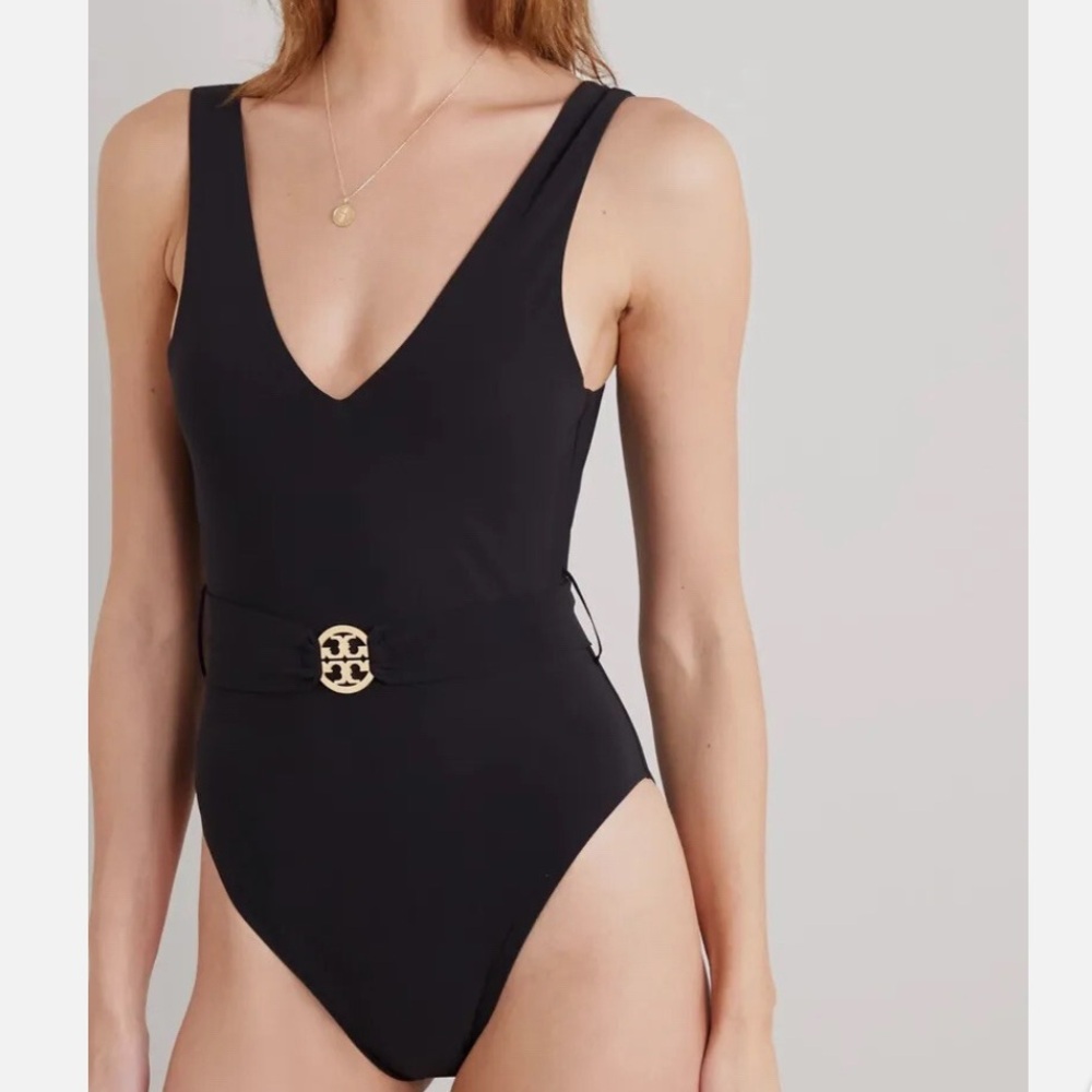Tory Burch Miller Plunge One-Piece Swimsuit with Gold Buckle